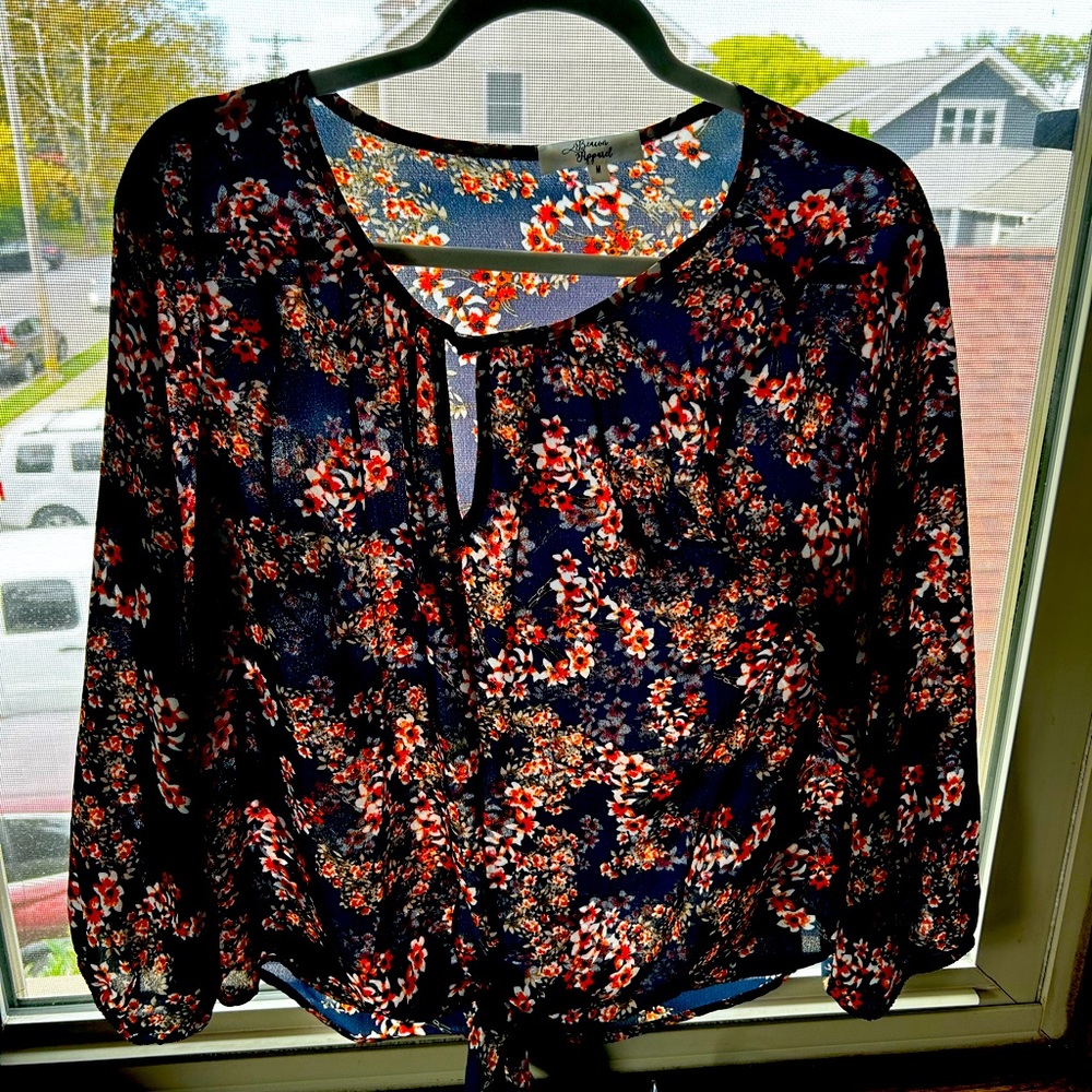 Long sleeve navy floral blouse